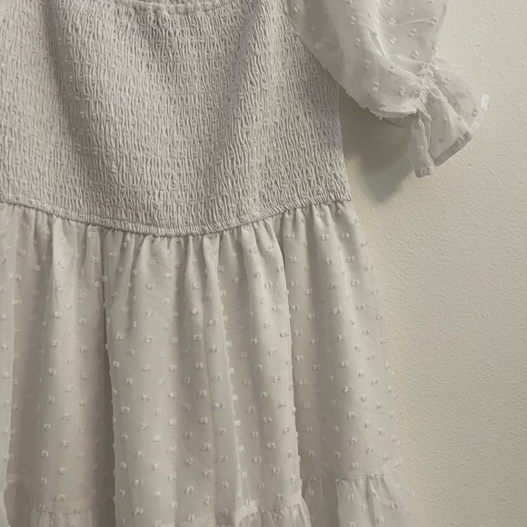 White Mini Dress Puff Sleeves Square Neckline Smocked Bodice - Picture 3 of 5